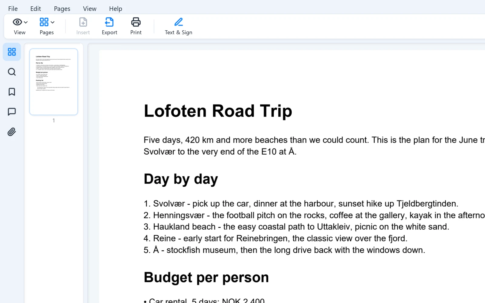 A Markdown trip plan opened as a PDF