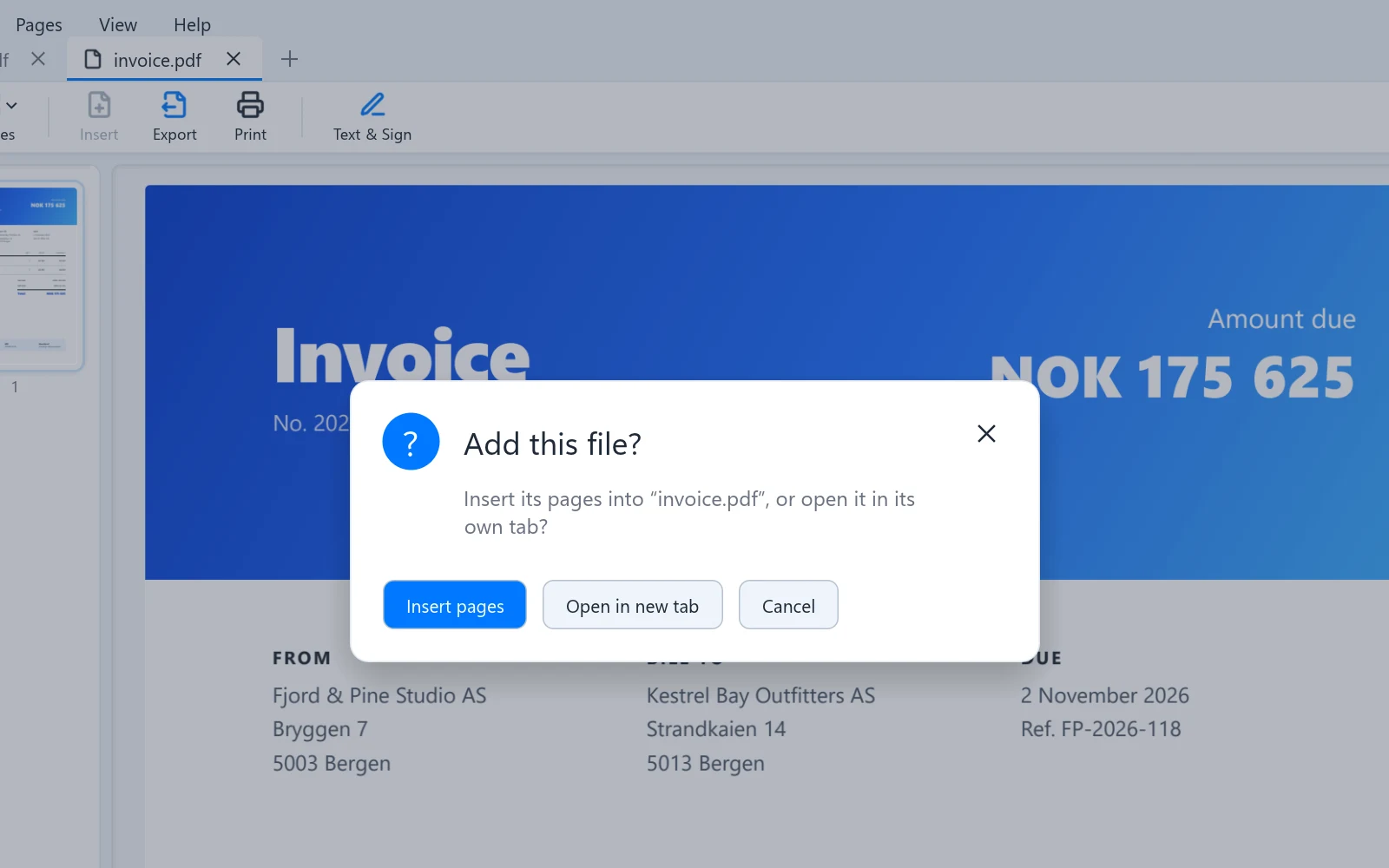 Dropping a file asks whether to insert its pages or open it in a new tab