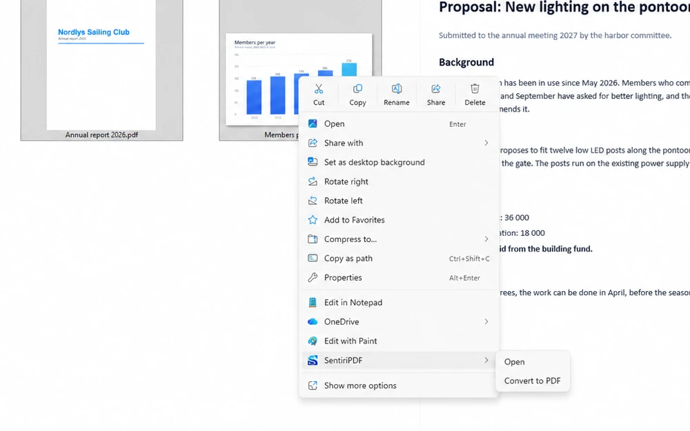 File Explorer's right-click menu with SentiriPDF: Open and Convert to PDF