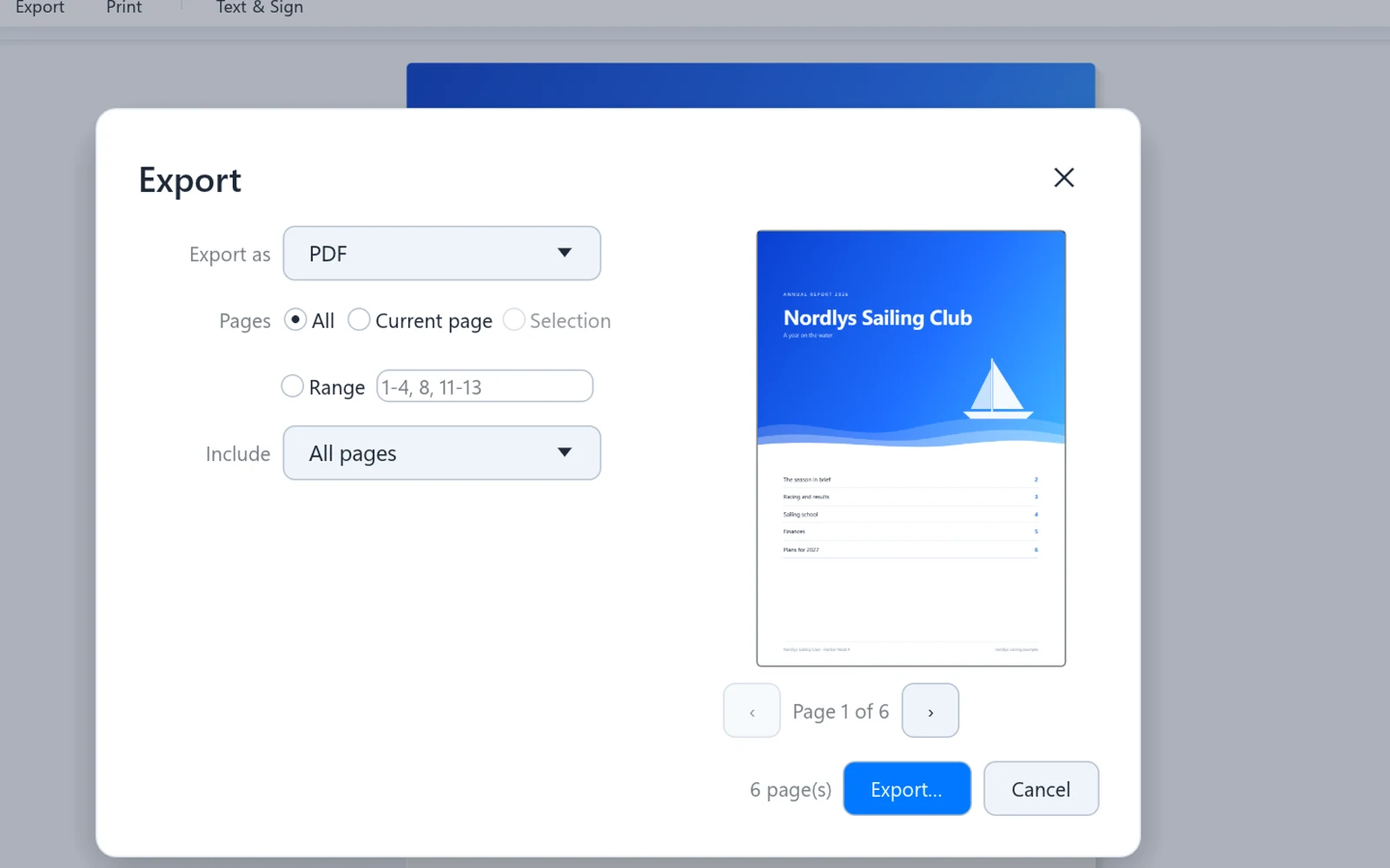 The Export dialog with a preview of the cover page
