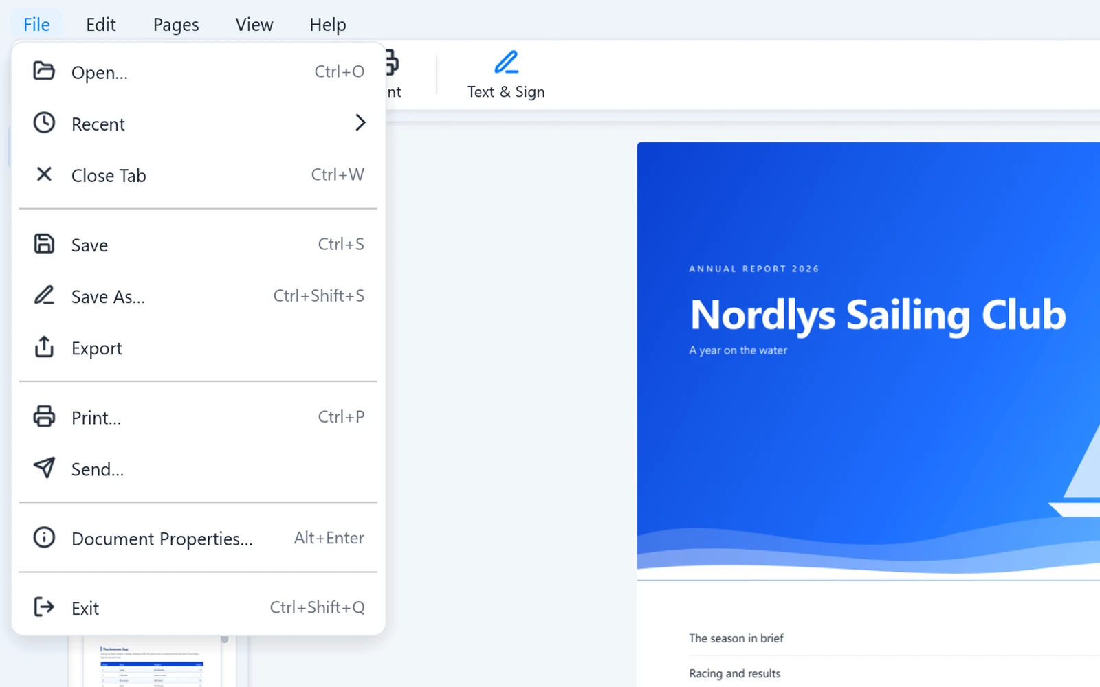 The File menu with Open, Recent, Save, Export, Print and Send