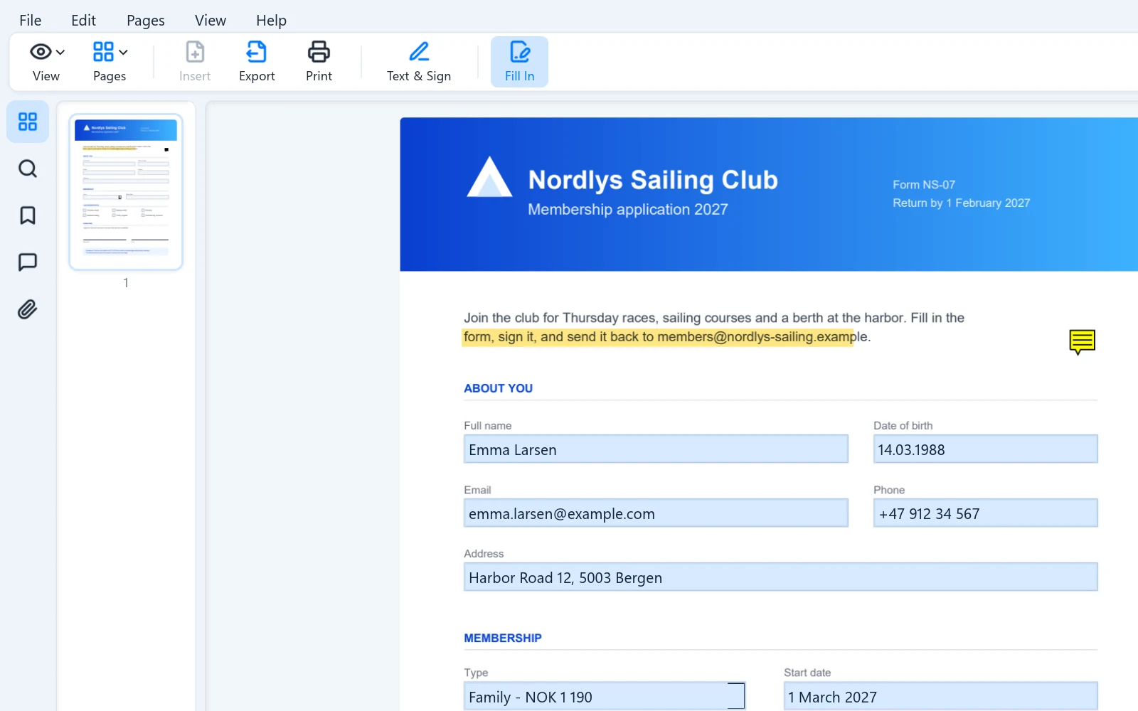 A membership form being filled in