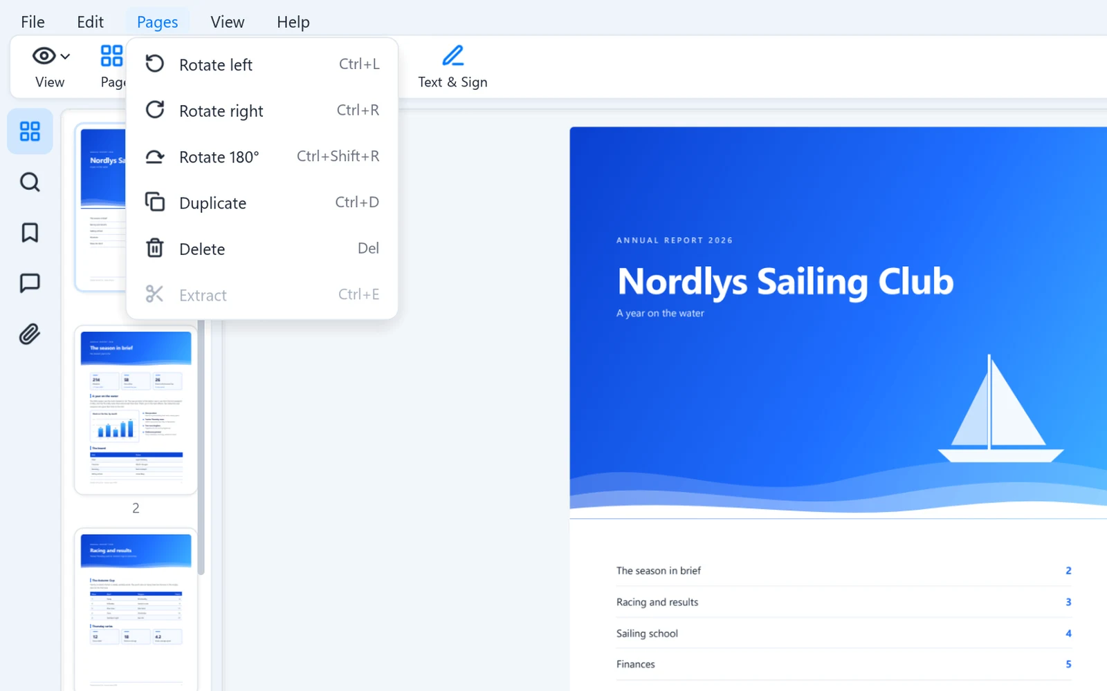 The Pages menu with rotate, duplicate, delete and extract