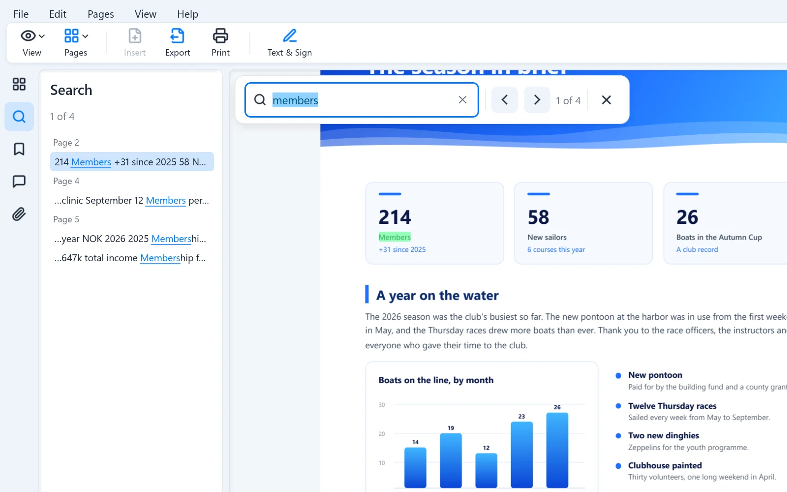 The find bar and the Search panel listing every match by page