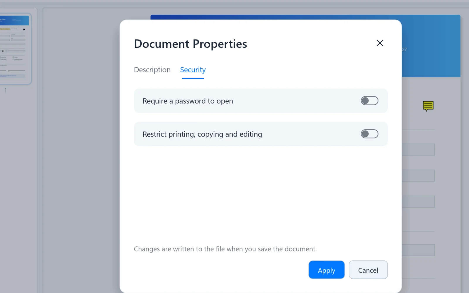 Document Properties, Security tab