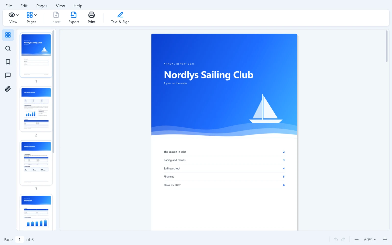 SentiriPDF with an annual report open: menu bar, command bar, side rail, page thumbnails and the page itself