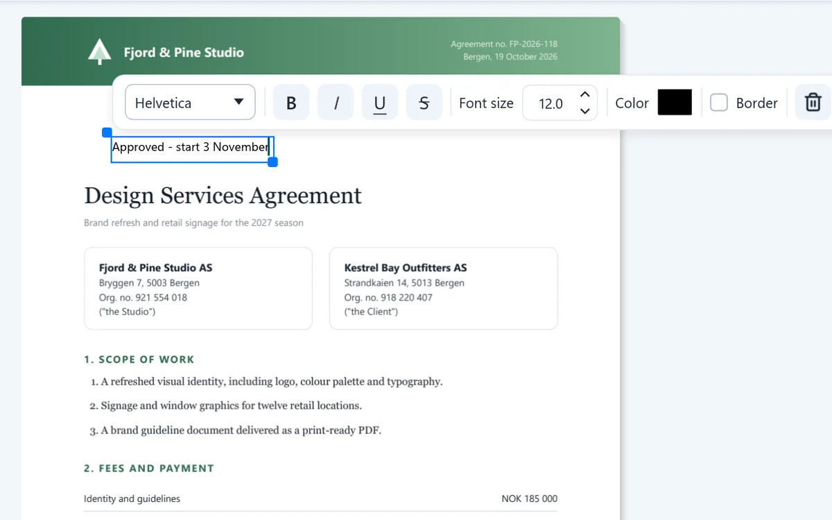 A text box being typed on an agreement, with font, size and color controls