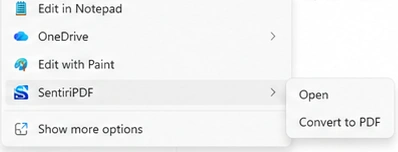 The SentiriPDF submenu in File Explorer's right-click menu: Open and Convert to PDF