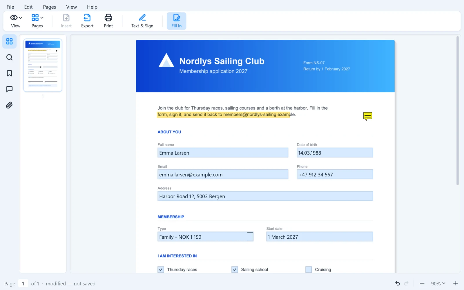 A sailing club membership form being filled in, with Fill In switched on