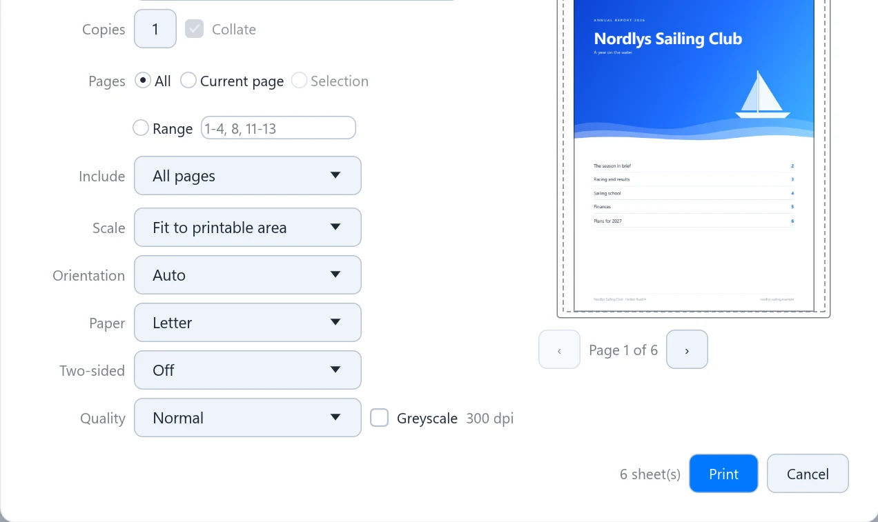 The Print dialog with all its options and a page preview
